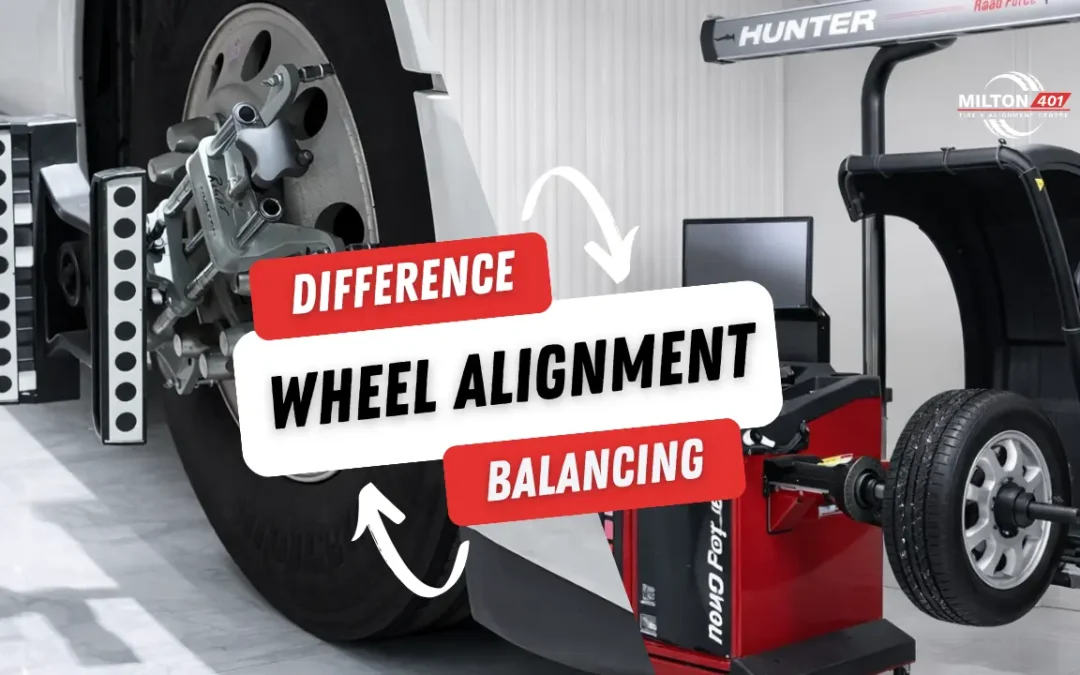 Difference Wheel Alignment and Balancing explained by Milton 401 Tire & Alignment Centre Milton with wheel alignment and tire balancing equipment in an auto service shop.
