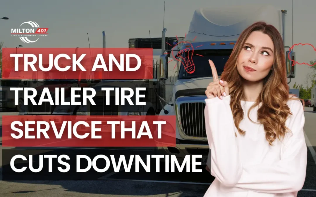 Truck and Trailer Tire Service That Cuts Downtime by Milton 401 Tire & Alignment Centre Milton, featuring commercial trucks and a driver highlighting reliable tire service support.