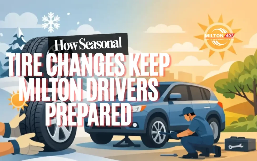 How Seasonal Tire Changes Keep Milton Drivers Prepared by Milton 401 Tire & Alignment Centre Milton, featuring an illustrated seasonal tire change scene with a vehicle, technician, and winter-to-summer driving theme.