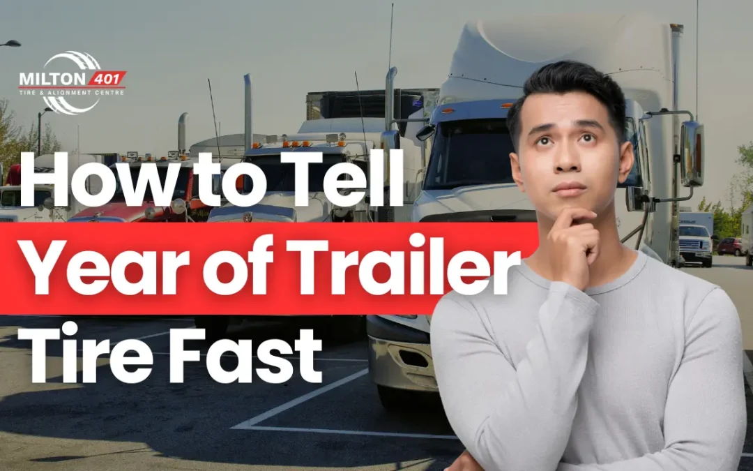 How to Tell Year of Trailer Tire Fast by Milton 401 Tire & Alignment Centre Milton, featuring parked semi trucks and a driver thinking about trailer tire age.