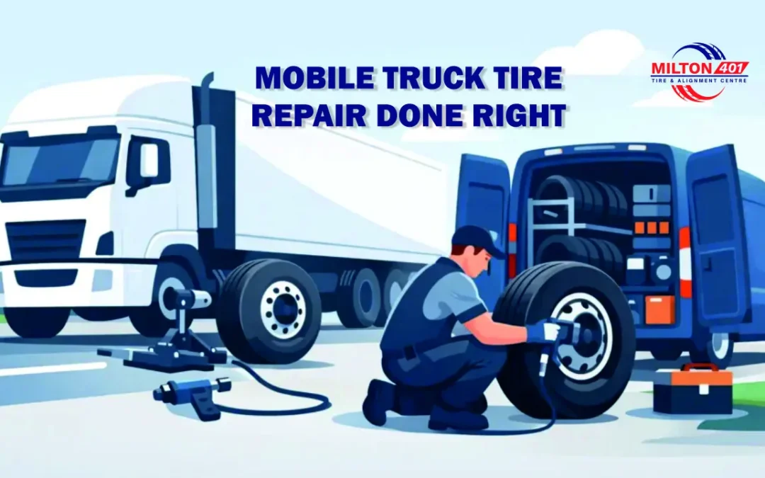 Mobile Truck Tire Repair Done Right by Milton 401 Tire & Alignment Centre Milton, featuring a roadside truck tire repair scene with a technician servicing a commercial tire.