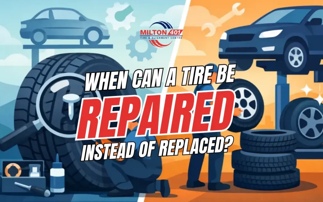 When Can a Tire Be Repaired Instead of Replaced by Milton 401 Tires & Alignment Centre, featuring an illustrated tire repair and replacement comparison in an auto service shop.