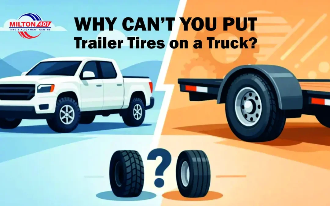 Why Can’t You Put Trailer Tires on a Truck explained by Milton 401 Tire & Alignment Centre Milton with an illustration of a pickup truck, trailer, and tire comparison.