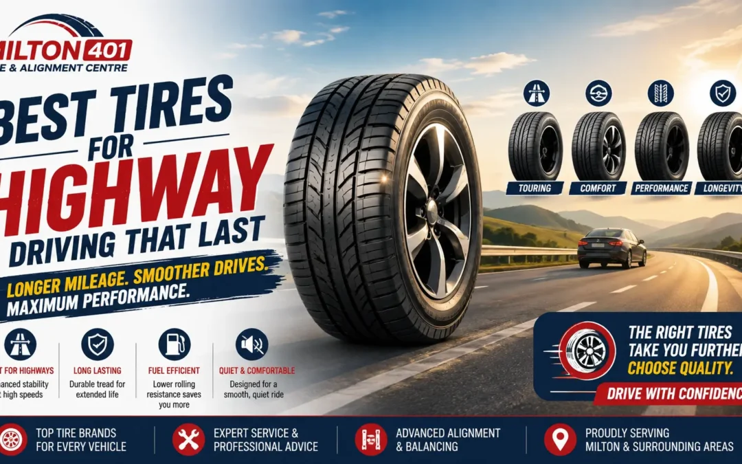 Best Tires for Highway Driving That Last by Milton 401 Tire & Alignment Centre Milton, featuring a premium highway tire, open road scene, and tire options for touring, comfort, performance, and longevity.