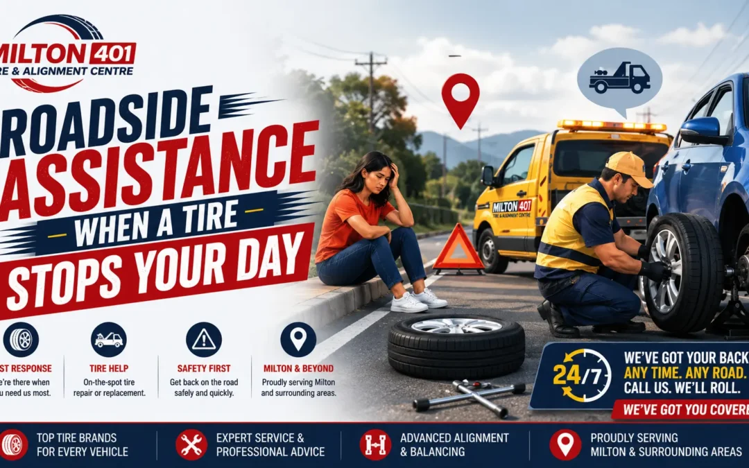 Roadside Assistance When a Tire Stops Your Day graphic by Milton 401 Tire & Alignment Centre Milton showing a roadside tire change, a stranded driver, service van, and technician assisting beside a blue vehicle.