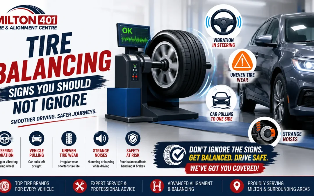Tire Balancing Signs You Should Not Ignore explained by Milton 401 Tire & Alignment Centre Milton, featuring a tire balancing machine, steering vibration warning, uneven tire wear, vehicle pulling, and strange noise indicators.