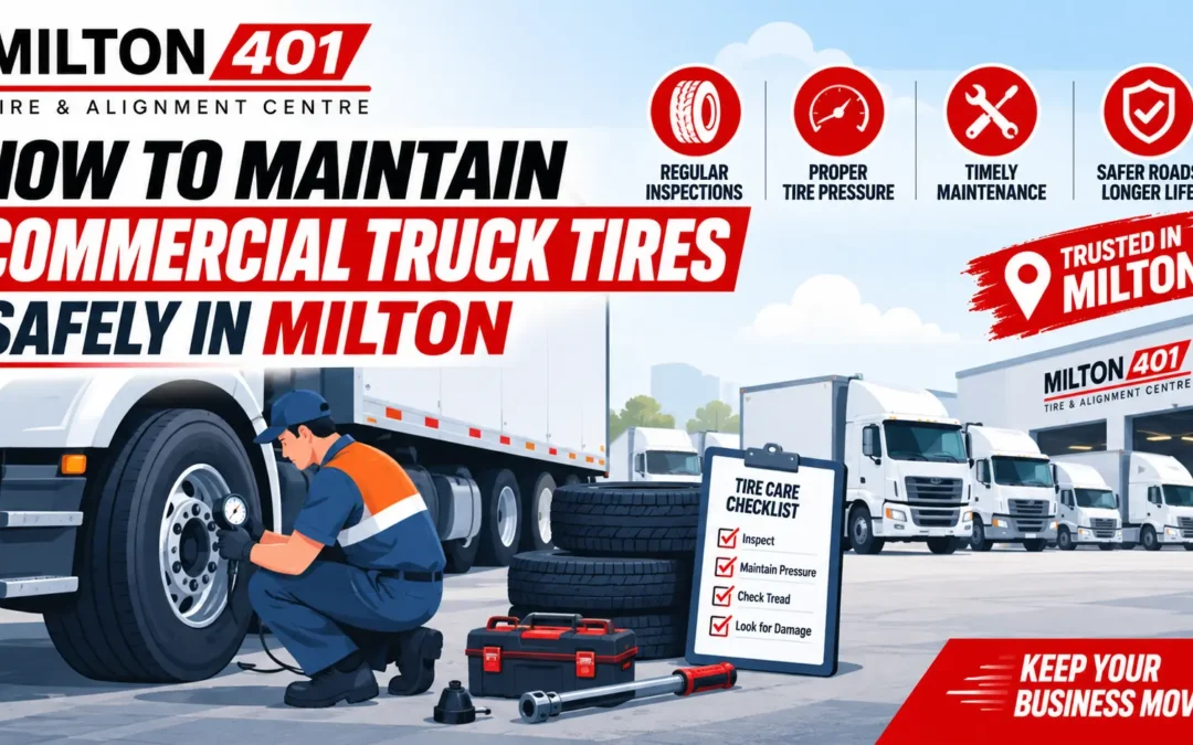 Illustrated commercial truck tire maintenance graphic from Milton 401 Tire & Alignment Centre Milton showing a technician checking tire pressure, a tire care checklist, service tools, and fleet trucks beside the seed keyword “How to Maintain Commercial Truck Tires Safely in Milton.”