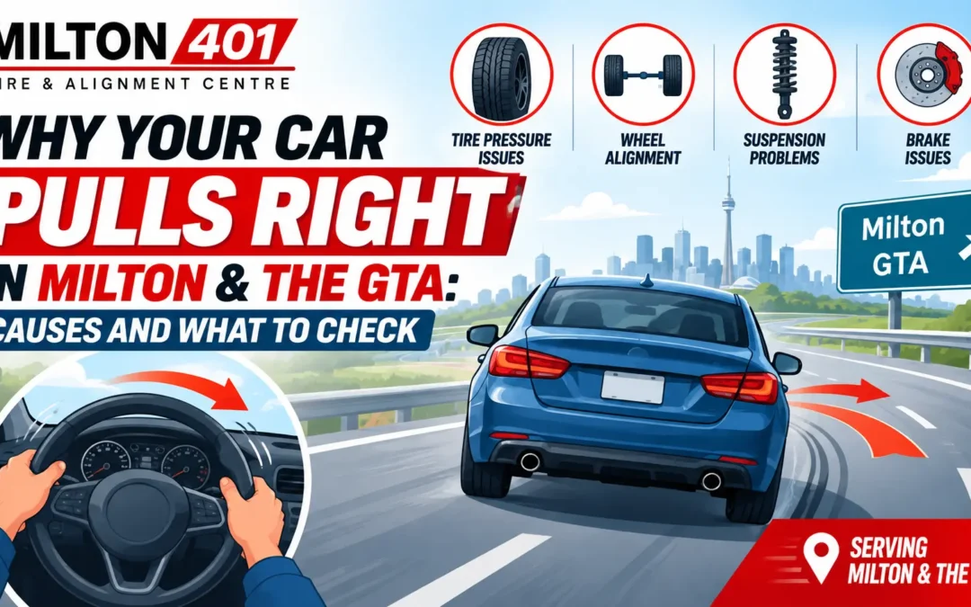 Why Your Car Pulls Right in Milton & the GTA: Causes and What to Check infographic by Milton 401 Tire & Alignment Centre Milton, showing a blue car drifting right with possible causes like tire pressure issues, wheel alignment, suspension problems, and brake issues.