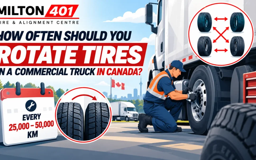 Infographic by Milton 401 Tire & Alignment Centre Milton explaining How Often Should You Rotate Tires on a Commercial Truck in Canada, featuring a mechanic rotating truck tires and a suggested interval of 25,000 to 50,000 km.